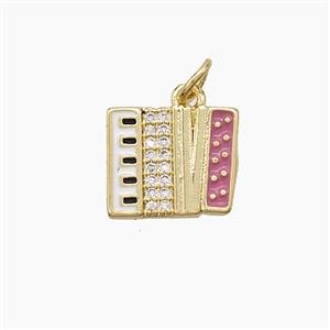 Copper Piano Pendant Pave Zirconia Pink Enamel Musical Gold Plated, approx 10-13mm