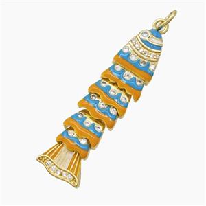 Copper Fish Pendant Pave Zirconia Brown Blue Enamel Gold Plated, approx 9-34mm