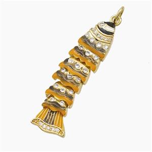 Copper Fish Pendant Pave Zirconia Brown Enamel Gold Plated, approx 9-34mm