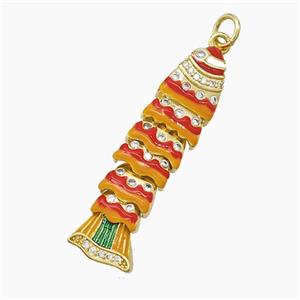 Copper Fish Pendant Pave Zirconia Brown Red Enamel Gold Plated, approx 9-34mm