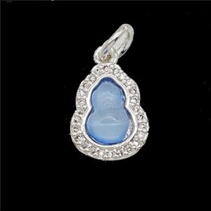 Copper Gourd Pendant Pave Zirconia Blue Catseye Shiny Silver, approx 11-13mm