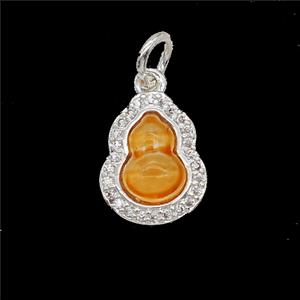 Copper Gourd Pendant Pave Zirconia Orange Catseye Shiny Silver, approx 11-13mm