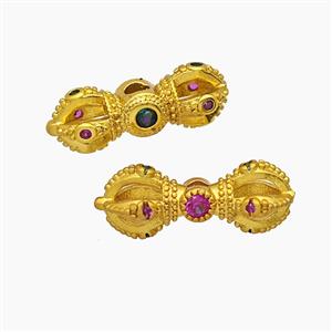 Tibetan Style Copper Vajra Pestle Beads Pave Zirconia Gold Plated, approx 6.5-18mm