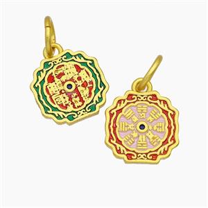 Chinese Eight Diagram Charms Copper Bagua Pendant Painted Gold Plated, approx 12-13mm