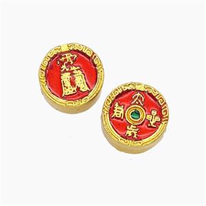 Chinese Style Copper Coin Beads Red Painted Gold Plated, approx 10mm