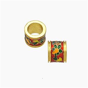 Copper Tube Beads Red Painted Large Hole Flower Gold Plated, approx 7-8mm, 5mm hole