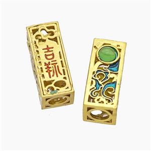 Copper Tube Beads With Chinese Lucky Words Painted Large Hole Gold Plated, approx 7-18mm, 4mm hole