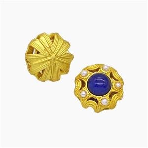 Copper Flower Beads Pave Blue Catseye Gold Plated, approx 11mm