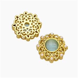 Copper Flower Beads Pave Catseye Gold Plated, approx 14mm