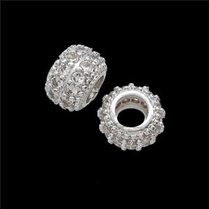 Copper Rondelle Beads Pave Zirconia Shiny Silver, approx 11mm