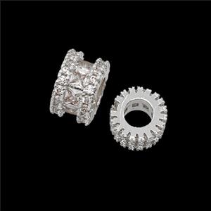 Copper Tube Beads Pave Zirconia Large Hole Shiny Silver, approx 8mm, 4mm hole