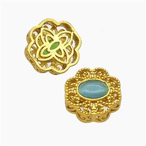 Copper Flower Beads Pave Catseye Gold Plated, approx 13-14mm