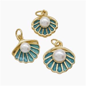 Copper Scallop Shell Pendant Pave Resin Green Enamel 18K Gold Plated, approx 13mm