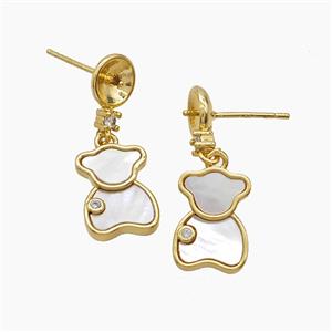 Copper Bear Stud Earrings Pave Shell 18K Gold Plated, approx 9-12mm, 7mm