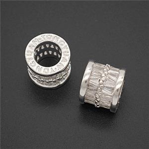 Copper Tube Beads Micropave Zirconia Large Hole Shiny Silver, approx 11.5mm, 7mm hole