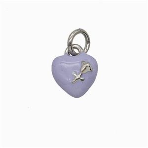 Copper Heart Pendant With Rose Flower Lavender Enamel Platinum Plated, approx 8mm