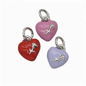 Copper Heart Pendant With Rose Flower Enamel Platinum Plated Mixed, approx 8mm