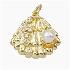 Copper Scallop Shell Pendant Pave Zirconia Resin Gold Plated, approx 16-19mm