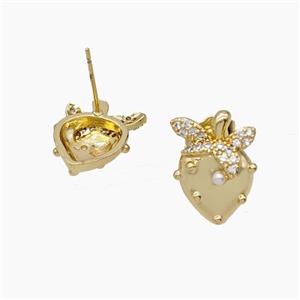 Copper Strawberry Stud Earrings Pave Zirconia Resin Gold Plated, approx 10-16mm