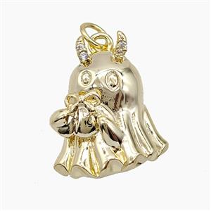 Halloween Ghost Charms Copper Pendant Pave Zirconia Gold Plated, approx 15-19mm