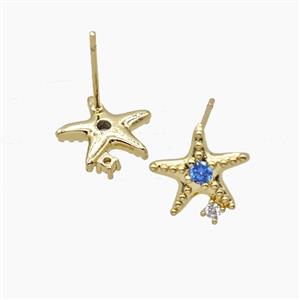 Copper Starfish Stud Earrings Pave Zirconia Gold Plated, approx 11mm