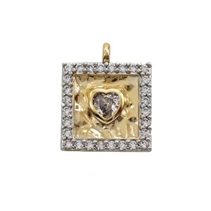 Copper Square Pendant Pave Zirconia Heart Gold Plated, approx 13mm