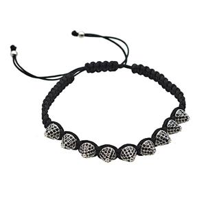 Black Nylon Braided Bracelet With Copper Spike Studs Pave Zirconia Adjustable, approx 7mm, 22-29cm length