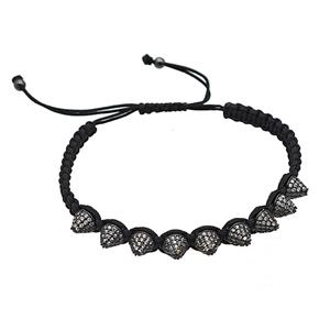 Black Nylon Braided Bracelet With Copper Spike Studs Pave Zirconia Adjustable, approx 7mm, 22-29cm length