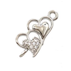 Copper Heart Connector Pave Zirconia Platinum Plated, approx 8-18mm