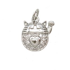 Lucky Cat Charms Copper Pendant Pave Zirconia Platinum Plated, approx 11-13mm