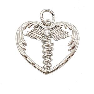 Copper Heart Wings Pendant Pave Zirconia Platinum Plated, approx 15-17.5mm