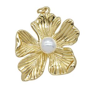 Copper Hibiscus Flower Pendant Pave Resin Gold Plated, approx 32mm