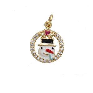 Christmas Snowman Charms Copper Pendant Pave Zirconia White Enamel Gold Plated, approx 10mm
