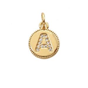 Copper Letter-A Pendant Pave Zirconia 18K Gold Plated, approx 10mm