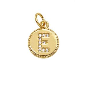 Copper Letter-E Pendant Pave Zirconia 18K Gold Plated, approx 10mm