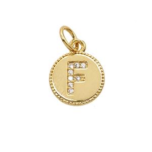 Copper Letter-F Pendant Pave Zirconia 18K Gold Plated, approx 10mm