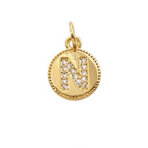 Copper Letter-N Pendant Pave Zirconia 18K Gold Plated, approx 10mm