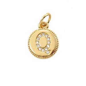 Copper Letter-Q Pendant Pave Zirconia 18K Gold Plated, approx 10mm