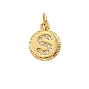 Copper Letter-S Pendant Pave Zirconia 18K Gold Plated, approx 10mm
