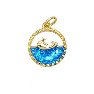 Copper Dolphin Pendant Pave Blue Fireopal 18K Gold Plated, approx 13mm