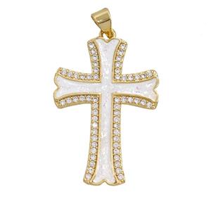 Copper Cross Pendant Pave Zirconia White FireOpal 18K Gold Plated, approx 22-30mm