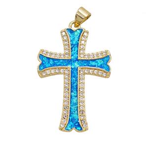 Copper Cross Pendant Pave Zirconia Blue FireOpal 18K Gold Plated, approx 22-30mm