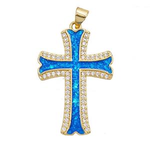 Copper Cross Pendant Pave Zirconia Blue FireOpal 18K Gold Plated, approx 22-30mm