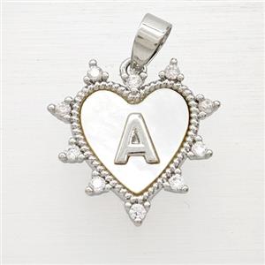 Copper Letter-A Heart Pendant Pave Zirconia Shell Platinum Plated, approx 21mm