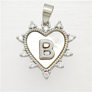 Copper Letter-B Heart Pendant Pave Zirconia Shell Platinum Plated, approx 21mm