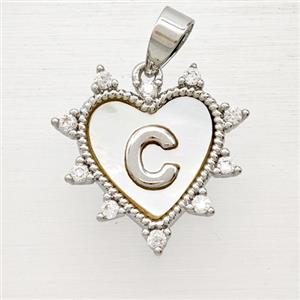 Copper Letter-C Heart Pendant Pave Zirconia Shell Platinum Plated, approx 21mm
