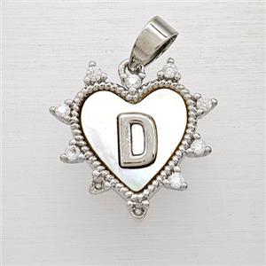 Copper Letter-D Heart Pendant Pave Zirconia Shell Platinum Plated, approx 21mm
