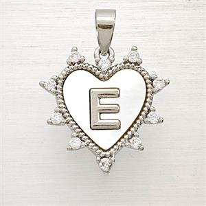 Copper Letter-E Heart Pendant Pave Zirconia Shell Platinum Plated, approx 21mm