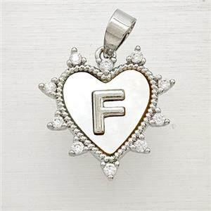 Copper Letter-F Heart Pendant Pave Zirconia Shell Platinum Plated, approx 21mm