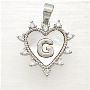 Copper Letter-G Heart Pendant Pave Zirconia Shell Platinum Plated, approx 21mm